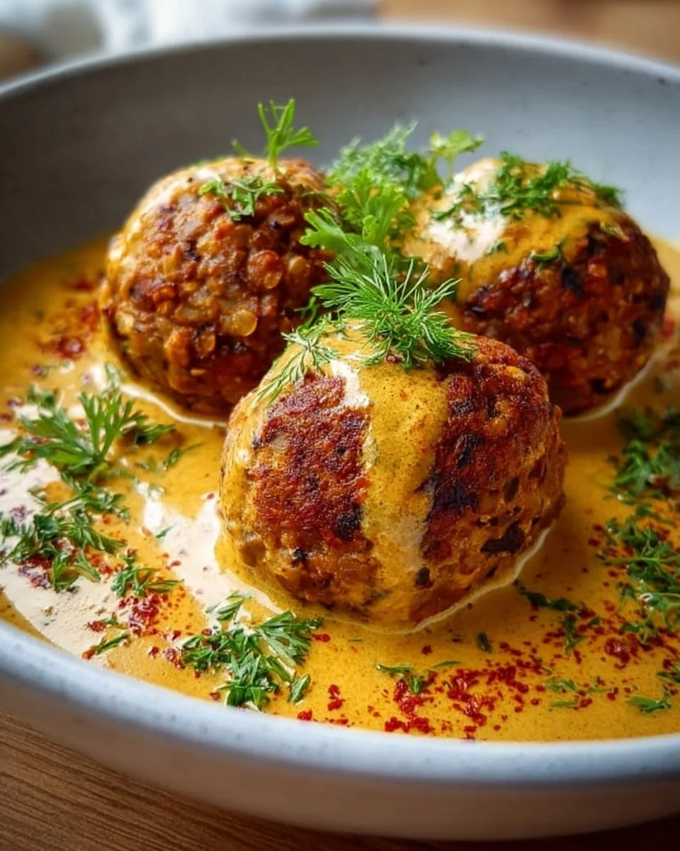 Vegan Linsenknödel in cremiger Curry-Sauce