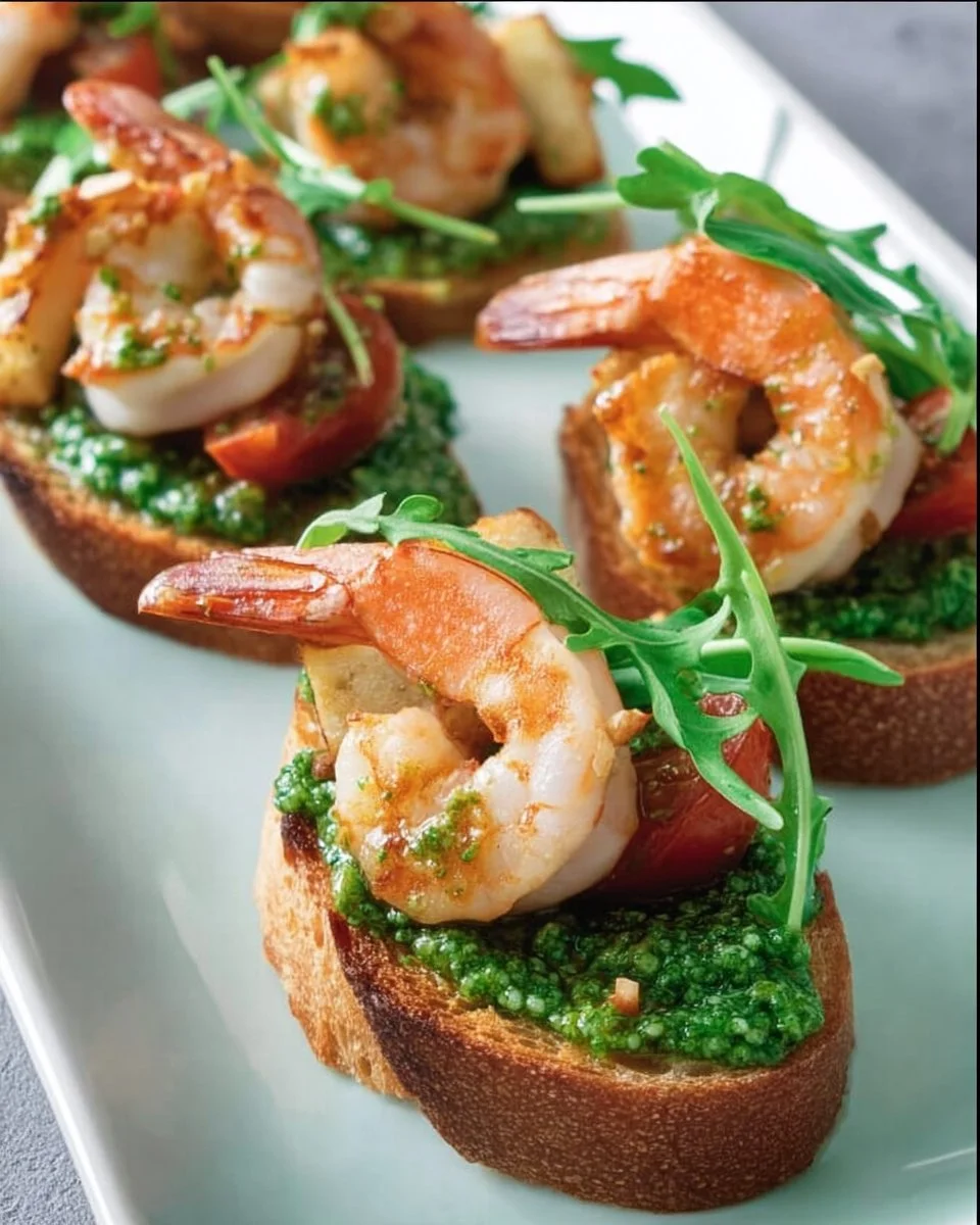 Garnelen-Bruschetta mit Rucola-Pesto