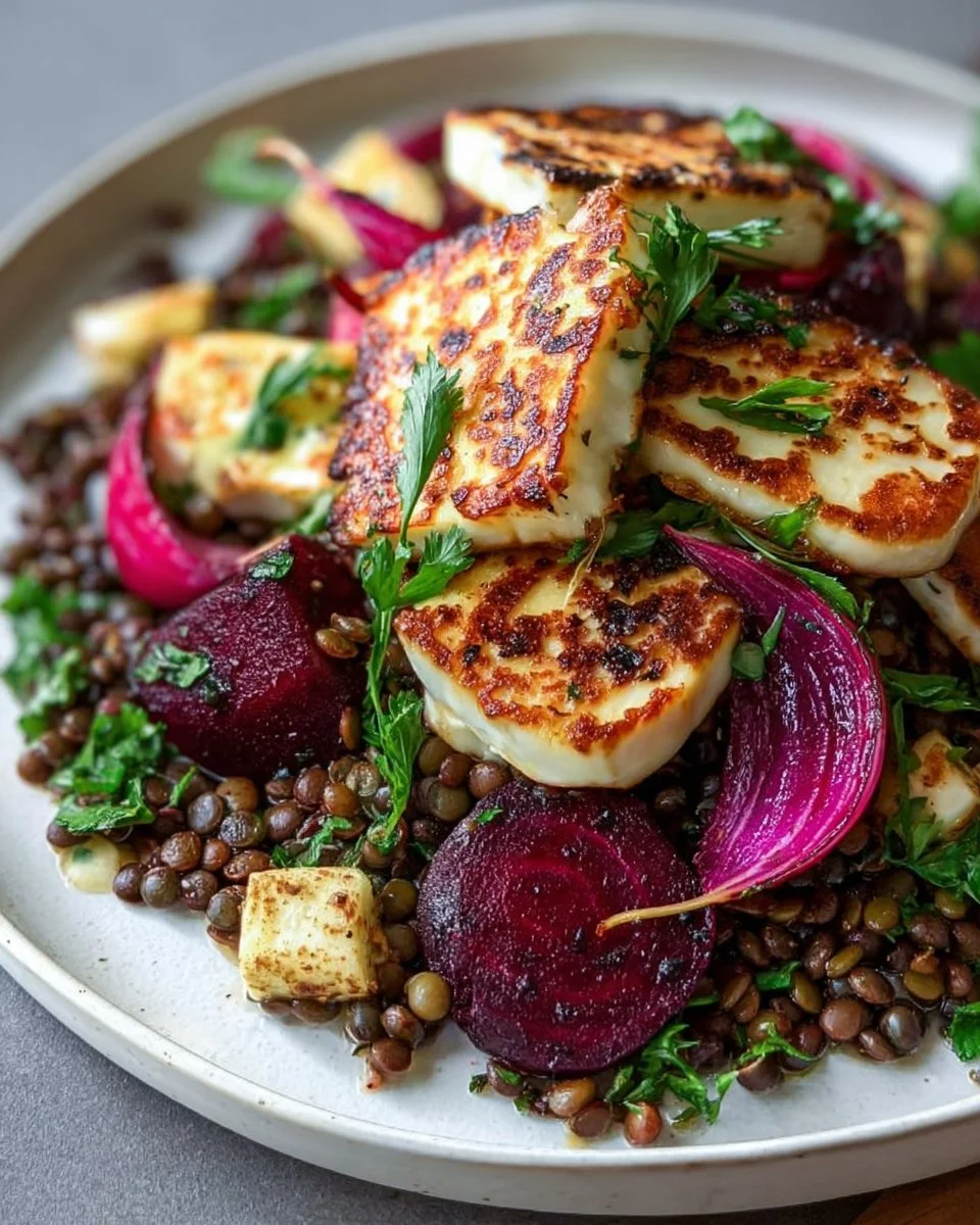 Grilled halloumi with lentils and beetroot