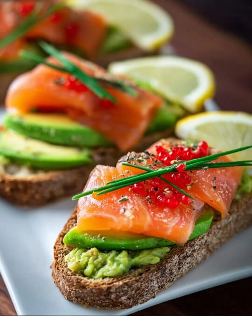 Kleine, frische Brote mit Lachs, Avocado und Apfel