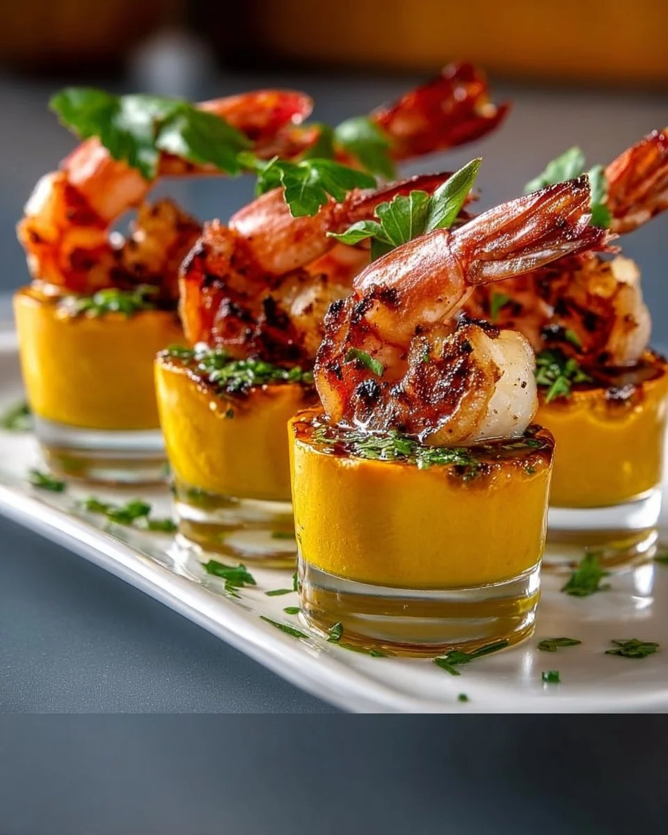 Kürbis-Ziegenkäse-Creme mit Scampispießen