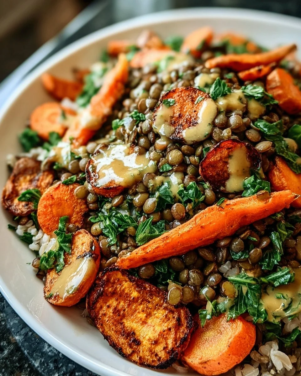 Linsen-Reis-Salat mit süß gerösteten Karotten und Tahini-Dressing