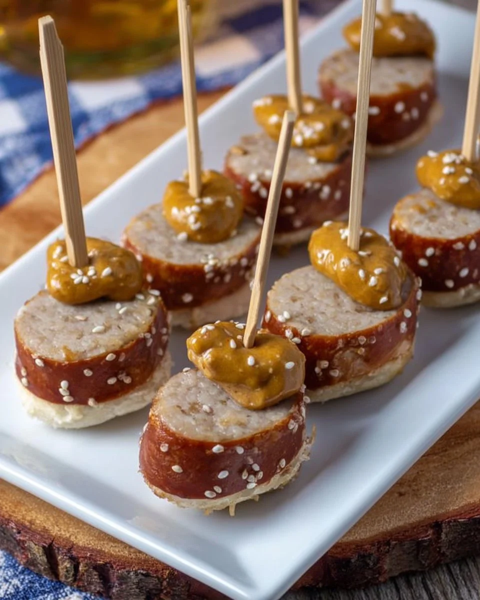 Weißwurst Häppchen mit süßem Senf auf Laugenstange