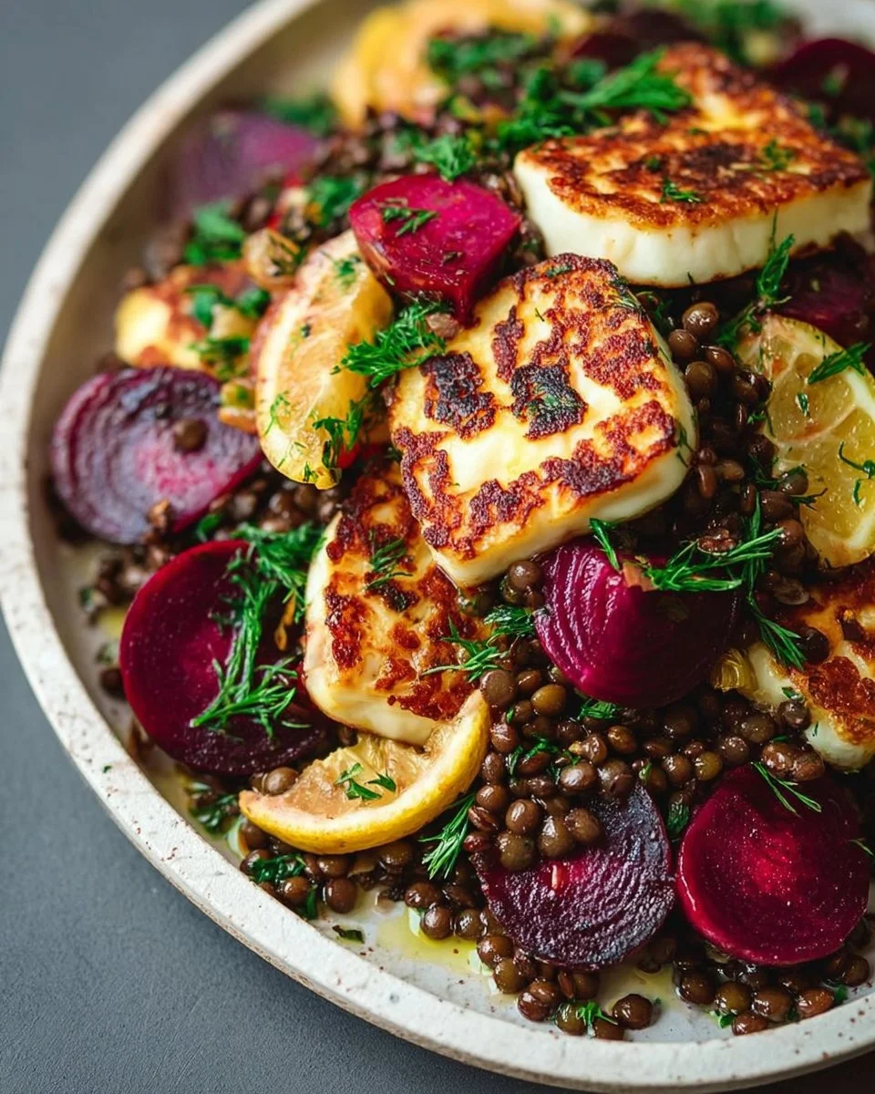 Knusprig gegrillter Halloumi mit Linsen und Rote Beete