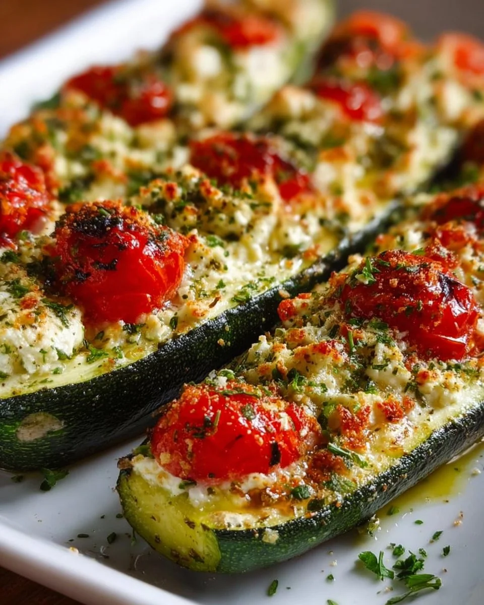 Ofen-Zucchini mit cremiger Feta-Tomaten-Füllung