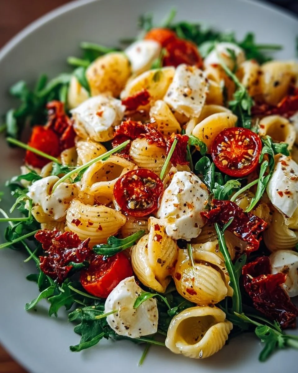 Pasta-Salat mit Mozzarella, getrockneten Tomaten &amp; Rucola