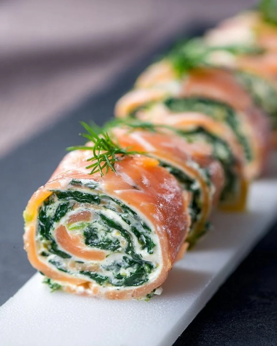 Kalte Lachsröllchen mit Spinat als Partysnack auf einem Teller serviert