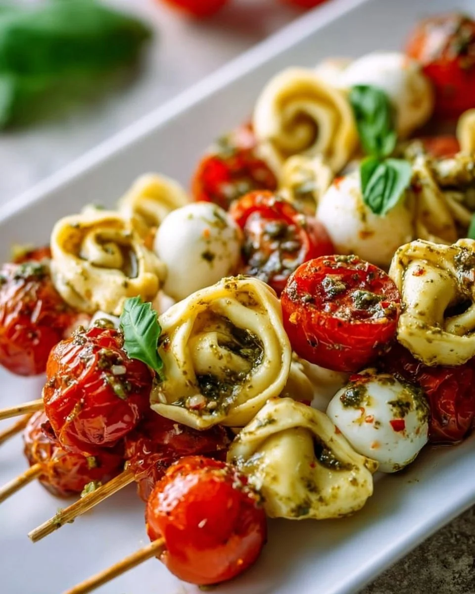 Tortellini skewers with tomato, mozzarella, basil, and pesto